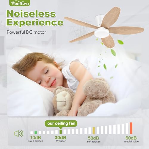 Image of Ceiling Fans with Lights - 42 Inch White&Wood Flush Mount Ceiling Fan 6-Speed Wind, Quiet Reversible DC Motor, 3 Color Dimmable Lighting, Small Low Profile Ceiling Fans for Living Room /Bedroom