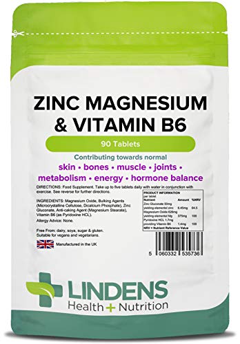 Lindens Cinc Magnesio & Vitamina B6 Pastillas | Paquete 90 | Contribuye hacia Normal Piel, Huesos, Músculos Función, Articulaciones, Metabolismo, Energía & Equilibrio Hormonal