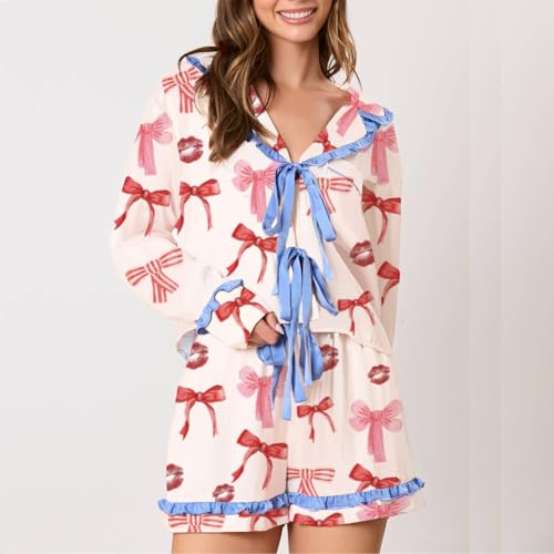 Image of Tenopuli Women Silk Satin Pajama Set Heart Print Bow Tie Long Sleeve Top Shorts Sleepwear Cute 2 Piece Loungewear