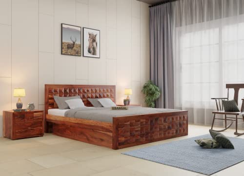 Image of Wooden King Size Bed for Bedroom | Solid Wood Double Bed Cot Bed with 2 Drawer Side Storage | Sheesham Wood, Honey Finish