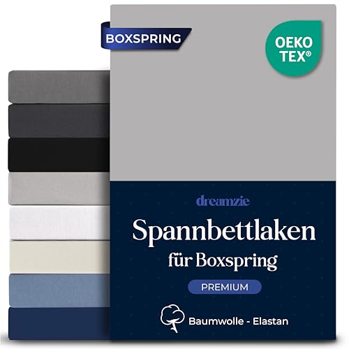 Dreamzie Boxspring Spannbettlaken 180x200cm - Baumwolle Elastan Premium Komfort 250 GSM - 40 cm, Boxspringbett oder Dicke Matratzen - Oeko-Tex - Grau