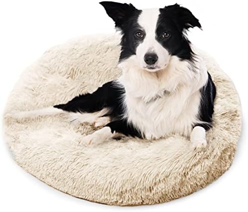 Active Pets Plush Calming Bed for Dogs & Cats, Donut Pet Bed Mat for Small, Medium & Large Dogs, Anti Anxiety, Soft Fuzzy, Marshmallow Cuddler, Polypropylene, Faux Fur, Cotton, Beige, Medium 30"