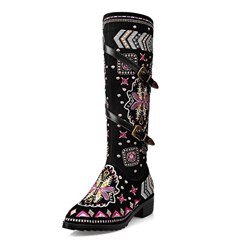 SaraIris Buckle Floral Embroidery Zipper Square Heels Ethnic Knee High Boots for Women
