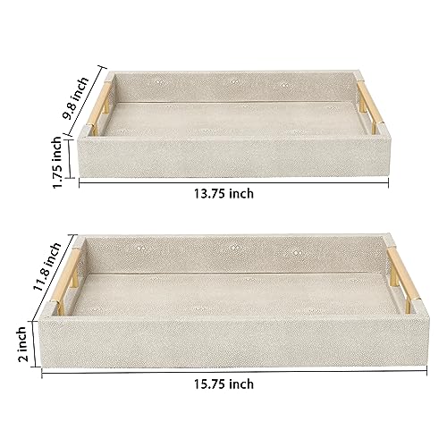 SwallowLiving Set of 2 Shagreen Serving Tray with Gold Polished Metal Handles Ivory Wood Decorative Tray PU Leather with Brushed Gold for Coffee Table Ottoman Console Table - Thumbnail 4