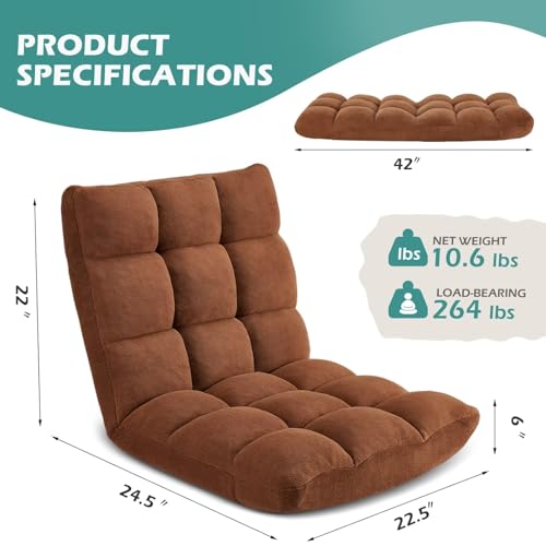 Image of Folding Floor Gaming Chair 14-Poistion Cushioned Adjustable Floor Lazy Sofa Chair w /Breathable Cotton & Skin-Friendly Flannel for Adults & Kids Perfect for Reading Gaming Meditating, Brown