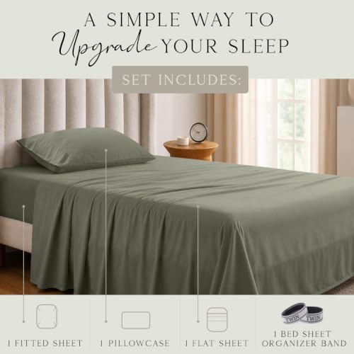 Image of KARISSA MAE Luxury Bamboo Viscose Twin Size Sheet Set | FSC Certified | Cooling | Ultra Soft | 18 inch Deep Pockets | Elastic Corner Straps | Includes Organizer Band [Cypress Green]