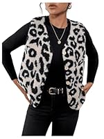 GORGLITTER Ärmellose Teddy Weste Damen Leicht Leoprint Mit Knöpfen Leo Farbblock Jacke Winter S