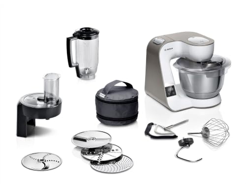 Image of Bosch, MUM5 Food Processor 1000 Watt Integrated Scale and Timer, Bowl with 3.9 L Capacity, Flexible Stirring Whisk, Stainless Steel Whisk and Kneading Hook, MUM5XW20, White /Champagne