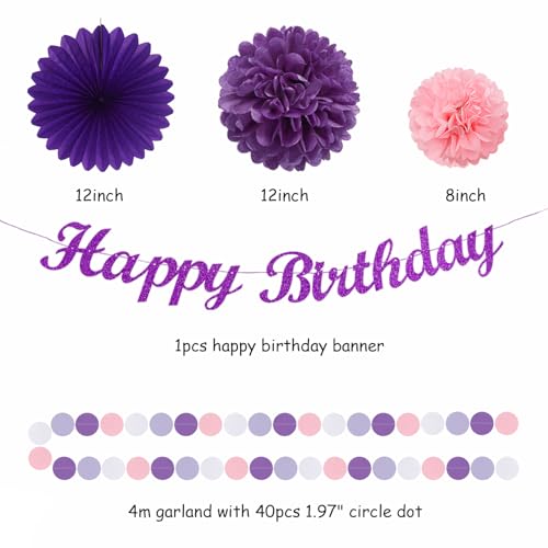 Image of Purple Pink Birthday Party-Decorations Paper-Flowers - 14pcs Happy Banner Lavender Lanterns Tissue Pom Poms,Lilac Streamers Garland Fans Honeycomb,Women Girls Adult Kids Hanging Supplies Decor Hugfond