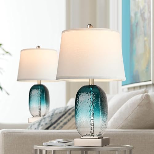 Touch Control Coastal Teal Glass Table Lamp Set of 2 with USB Ports and Dimmable Function for Living Room and Bedroom (LED Bulbs Included)