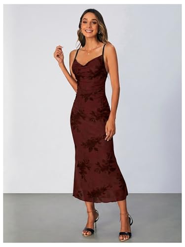 Image of SOLY HUX Women's Floral Mesh Bodycon Cami Dress Cowl Neck Sleeveless Cocktail Party Wedding Guest Long Maxi Dresses