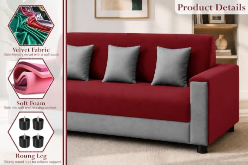 Image of 3 Seater Wooden Sofa | Velvet Fabric Couch with Cushions | Comfortable Living Room Sofa | Sturdy Wooden Frame | Home & Office Furniture | Red & Grey