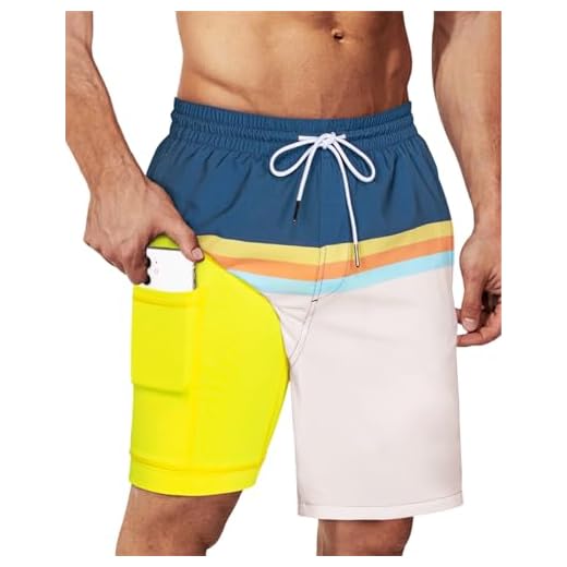 SURF CUZ Calção de banho masculino de 23 cm com forro de compressão, shorts de natação 2 em 1, bolsos elásticos com zíper de secagem rápida, Listras de limão, P