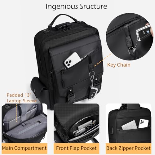 Leaper Crossbody Messenger Bag for Men: 13L Multi-pocket Satchel Sling Shoulder Bags for Travel Daily Work - Women Single Strap Backpack for Cycling, Hiking - Laptop Sling Bag for Men 14 inch, Black2