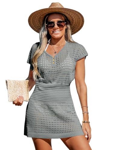 Image of CUPSHE Women Crochet Swim Cover Up Short Sleeve V Neck Bathing Suit Beach Dress Summer Swimwear Coverups