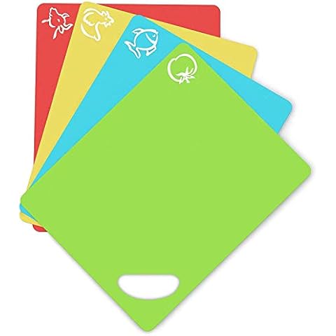 Extra Thick Flexible Plastic Cutting Board Mats With Holes For Hanging And Food Icons & "EZ-Grip" Waffle Back, (Set of 4) Dishwasher Safe Cover
