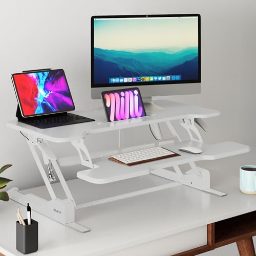 Image of Mount-It! Standing Desk Converter White 38 inch Wide Height Adjustable Stand Up Desk Riser, Desk Topper with Gas Spring, Desktop Standing Desk with Keyboard Tray Fits Two Monitors