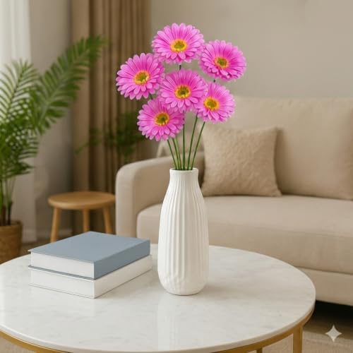 Image of CURATED CART Gerbera Daisy Flowers - Pack of 5 Faux Blooms, 30cm Tall | Real Touch PU Petals with Bendable Green Stems | Artificial Flower Bouquet for Home, Kitchen, Office (No Vase) (Light Piink)