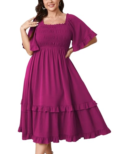 Image of SCOMCHIC Women's Plus Size Maxi Dresses Summer Short Sleeve Square Neck Smocked Wedding Guest Cocktail Boho Long Dress