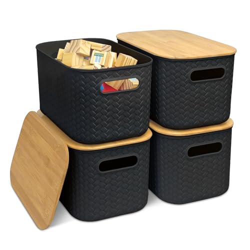 Soddeph 4 Packs Plastic Storage Bins with Bamboo Lids,Stackable Storage Containers with Lids, Storage Baskets for Organizing Desktop, Classroom, Office (Black)