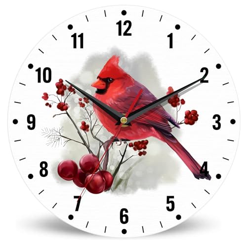 SPUNKER Wall Clock,Red Cardinal Bird Wall Clocks for Living Room Decor,Watercolor Berry Kitchen Clocks Wall Battery Operated - 10 Inch Round Bathroom Wall Clock Silent Non-Ticking