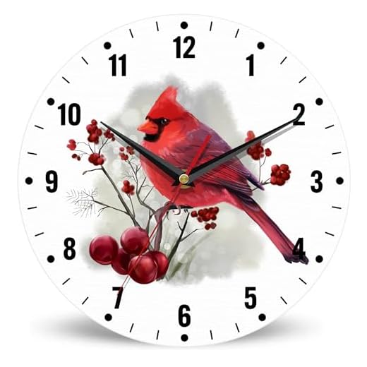 SPUNKER Wall Clock,Red Cardinal Bird Wall Clocks for Living Room Decor,Watercolor Berry Kitchen Clocks Wall Battery Operated - 10 Inch Round Bathroom Wall Clock Silent Non-Ticking