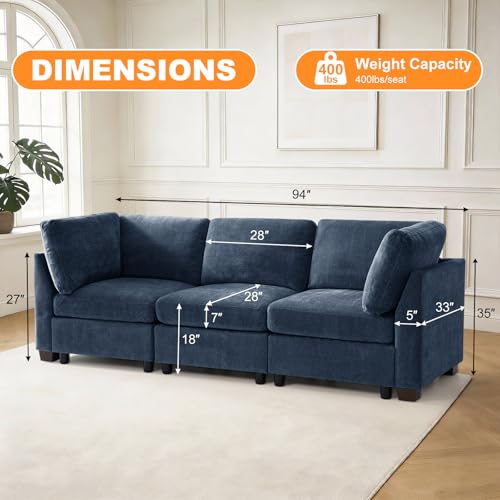 Image of TEKAMON 94 inch Modern Sofa Modular Sectional Couch, 3-Seat Chenille Deep Seat Sofa for Living Room, Bedroom and Apartment, Blue