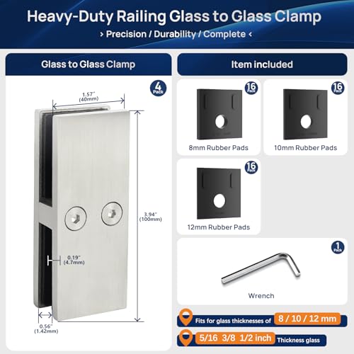 LukLoy Railing Glass to Glass Clamp, Stainless Steel 304 Bracket for Glass Balustrade Railing Pool Fence (4 Pieces 180°)