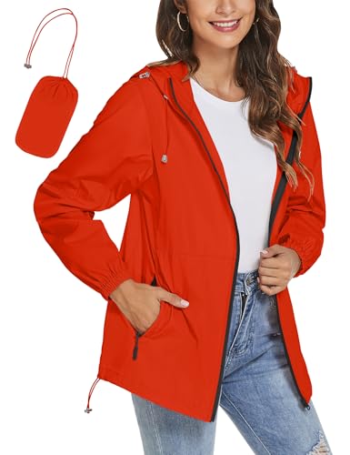 TCOT Women's Raincoats Lightweight Waterproof Windbreaker Hooded Rain Jackets with Pockets Packable Jacket Orange XL