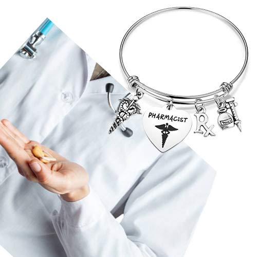 Bobauna Stainless Steel Pharmacist Expandable Wire Bangle Bracelet With Medical Caduceus Rx Symbol Pharmacy Charms Pharmacist Graduation Gift (Pharmacist Bracelet) #TOP6