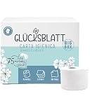 Glücksblatt Scatola di carta igienica 3 strati, 75 rotoli x 180 fogli, 100% cellulosa, carta super morbida, ideale per il campeggio, scatola riutilizzabile