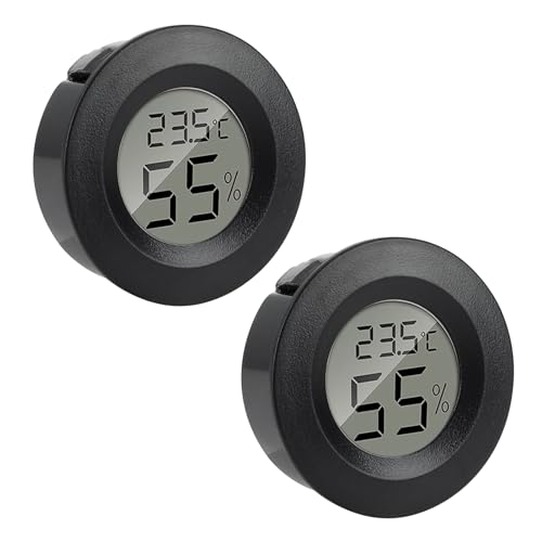 2 Pcs Reptile Thermometer Hygrometer, Round Monitor Humidity Meter Temperature Gauge Monitor LCD Digital Display for Spider Tortoise Tank Greenhouse Basement Lizard Dehumidifiers Humidifiers (Black)