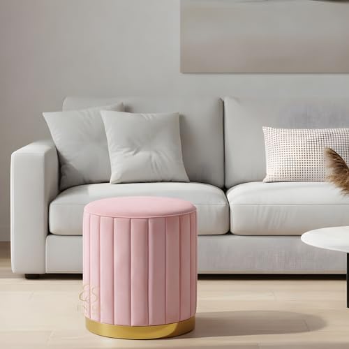 Image of Premium Velvet Round Ottoman Stool with Gold Metal Base - Modern Upholstered Footrest for Living Room, Bedroom & Vanity Seating (Baby Pink)