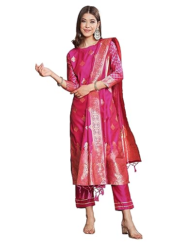 Image of VredeVogel Women's Cotton Silk Jacquard, Banarasi Silk Kurta Pant With Dupatta Set