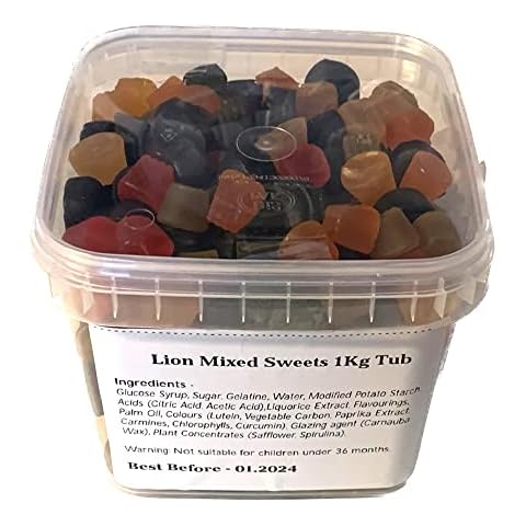 Lion Mixed Sweets Tub Liquorice,Wine Gums,Fruit Salads,Footballs Gums,Poor Bens Mix-1Kg Sweets Tub Cover