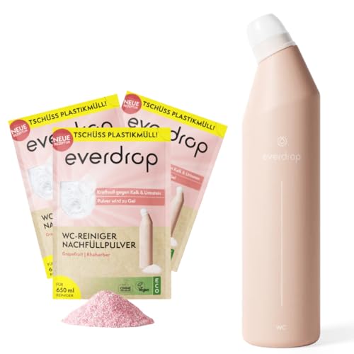 everdrop WC-Reiniger-Pulver Starter Set - mit 6 in 1 Effekt füt kraftvolle WC-Hygiene ohne Einwegplastik inklsuive 3 Sachets für 1950ml (3 x nachfüllen) + wiederverwendbarer rHDPE Flasche