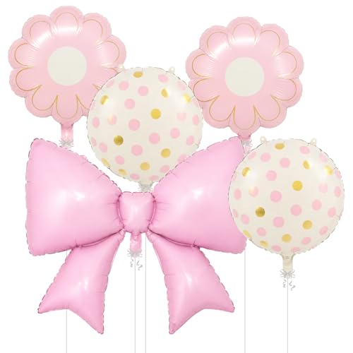 Image of Rozi Decoration Pink Bow Foil Balloon Set with Flower & Printed Round Balloons, 5 Pcs Birthday Decoration Kit for Baby Shower, Girls Party & Pastel Theme Celebration