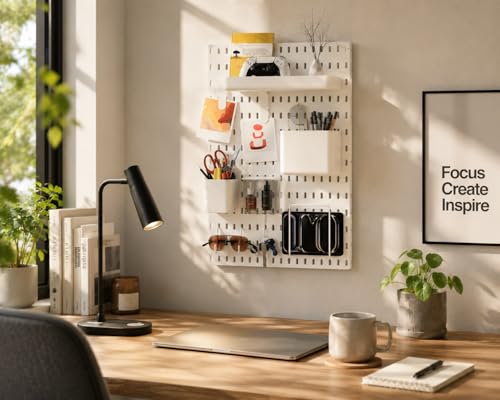 Image of Gifts Island Pegboard Wall Organiser Set with 1 Boards, 10 Accessories & Self-Adhesive Stickers, Customisable Storage System for Office, Kitchen, Pegboard Wall Hanging (10, White)