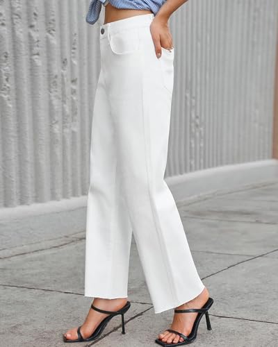 High Waist Straight Leg Jeans for Women Stretch Soft Ankle Denim Pants Hem with Cutting White Coffee Tan Trendy4