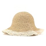 Zidoley Strohhut Kinder Mädchen Sommerhut – Sonnenhut Kinder mit Spitze & Breiter Krempe, Verstellbar mit Bindeband, Faltbarer Strandhut mit Zopfloch (Beige)