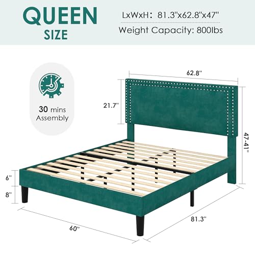 Image of VECELO Queen Size Platform Bed Frame with Height Adjustable Upholstered Headboard, Modern Mattress Foundation,Strong Wood Slat Support, No Box Spring Needed, Easy Assembly,Dark Green