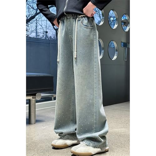 Girls Baggy Pearl Print Jeans 𝐃rawstring Elastic High Waisted Casual Denim Pants Wide Leg Trousers with Poket2