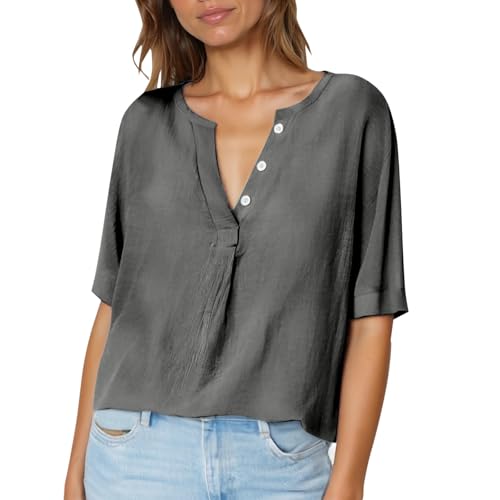 Spring New Women's Casual Loose Fashion Sleeve and Linen Solid Color Door Tube V Neck Womens Button (Grey, XL)