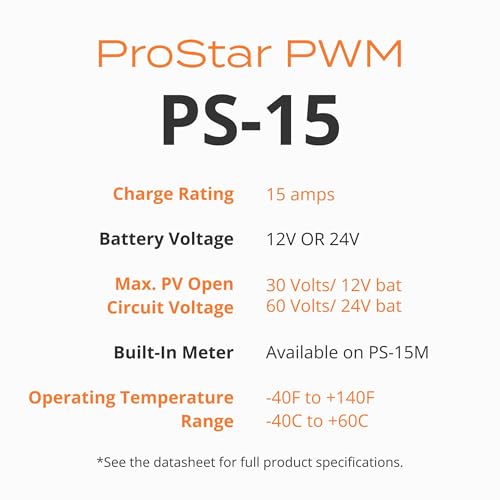 Image of Morningstar ProStar 15A PWM Solar Charge Controller, Panel Regulator | Off-grid regulator, LVD, lighting control, MODBUS, HazLoc rated, self-diagnostics, LA and lithium battery support