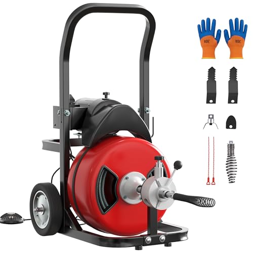 Drain Cleaner Machine 100FT x 1/2 Inch Steel Core Cable Portable 370W Electric Drain Cleaning Machine With Sewer Auger Cutter Air-activated Foot Switch Wheels for Commercial Home