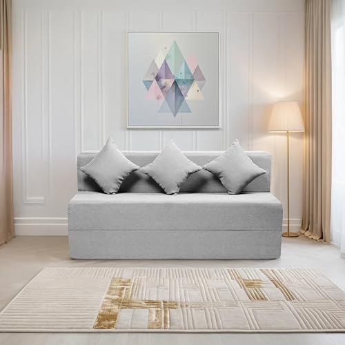 Image of Amazon Brand - Solimo 3 Seater 5 * 6 Jute Fabric Washable Cover Sofa Cum Bed with 3 Cushions 3 Seater Double Foam Fold Out Sofa Cum Bed (Finish Color - Light Grey Delivery Condition - Pre-Assembled)