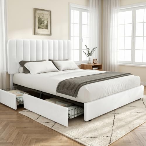 Image of VECELO Full Size Upholstered Bed Frame with 4 Drawers and Headboard, Velvet Platform Storage Bedframe, Wooden Slats Support, No Box Spring Needed,White
