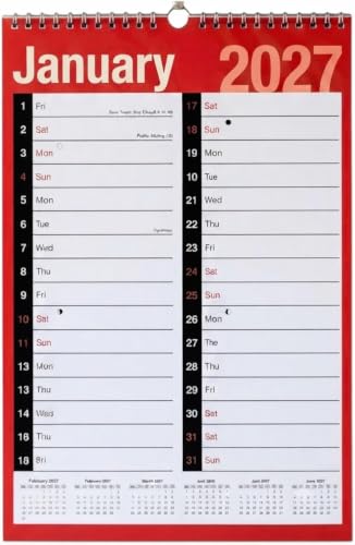 Image of PaulStore 2027 Year Easy View Twin-Wire Binding Spiral Bound Calendar 2 Column A3 Size 1 Month to View in Thick and Environmental Friendly Pure Paper