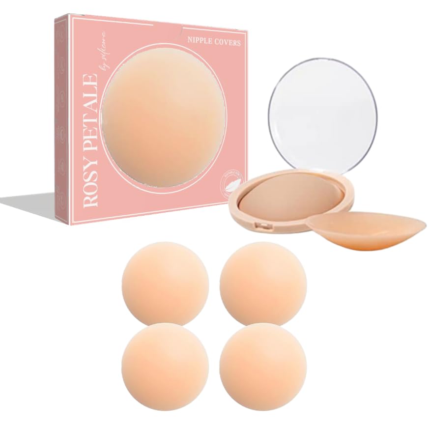 ROSYPÉTALE NIPPLE COVER–Non-Allergic Silicone Adhesive Invisible Pasties–Reusable Waterproof Seamless Sticky Covers with Case