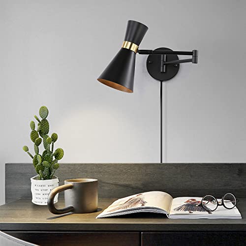 Image of SUNLLOK Modern Black Swing Arm Wall Sconce with Plug in Cord - Rustic Adjustable Ceiling Hanging Wall Light Fixture - Industrial Indoor Metal Reading Wall Lamp Decoration for Living Room, Kids Bedroom